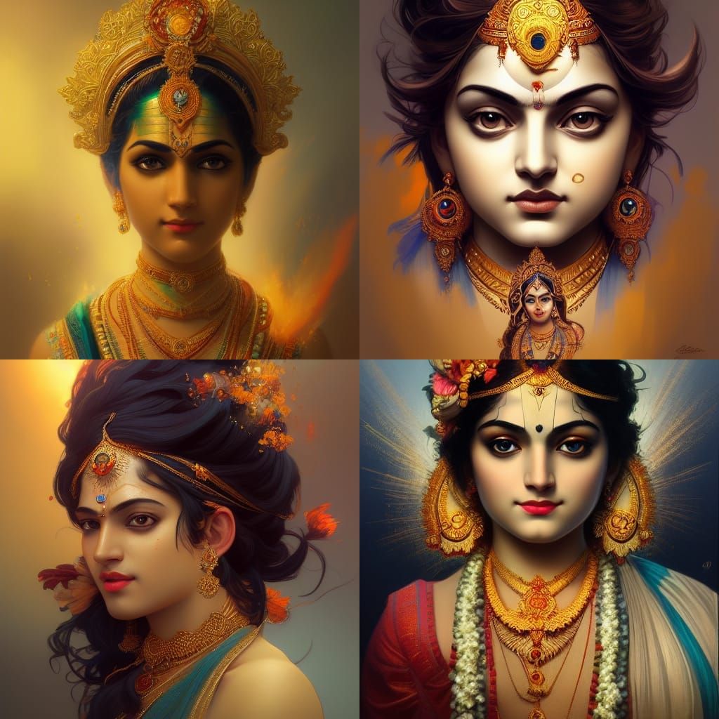 Detailed Portrait of Krishna in Art Nouveau Style