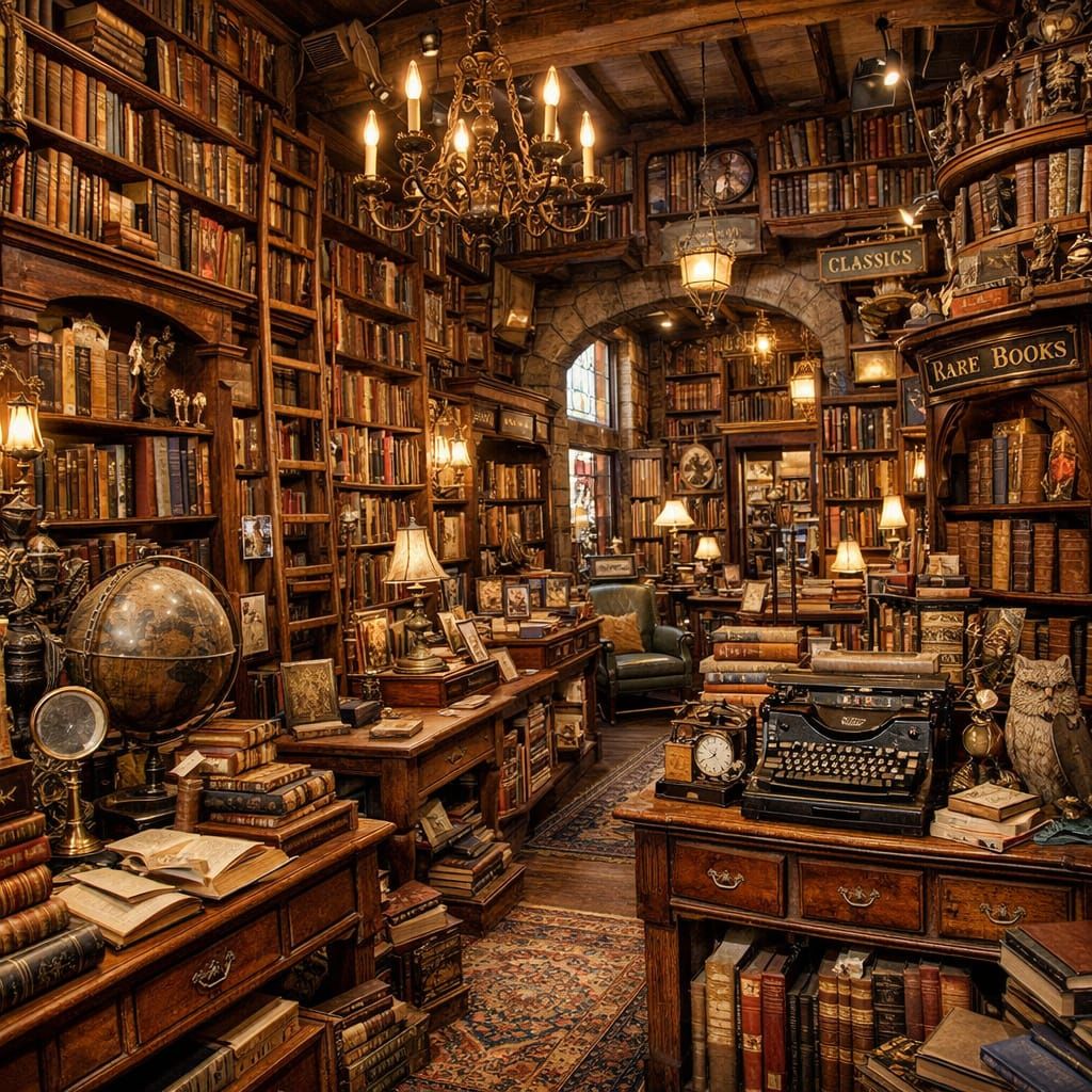 Intricate Hyperdetailed Bookshop Interior