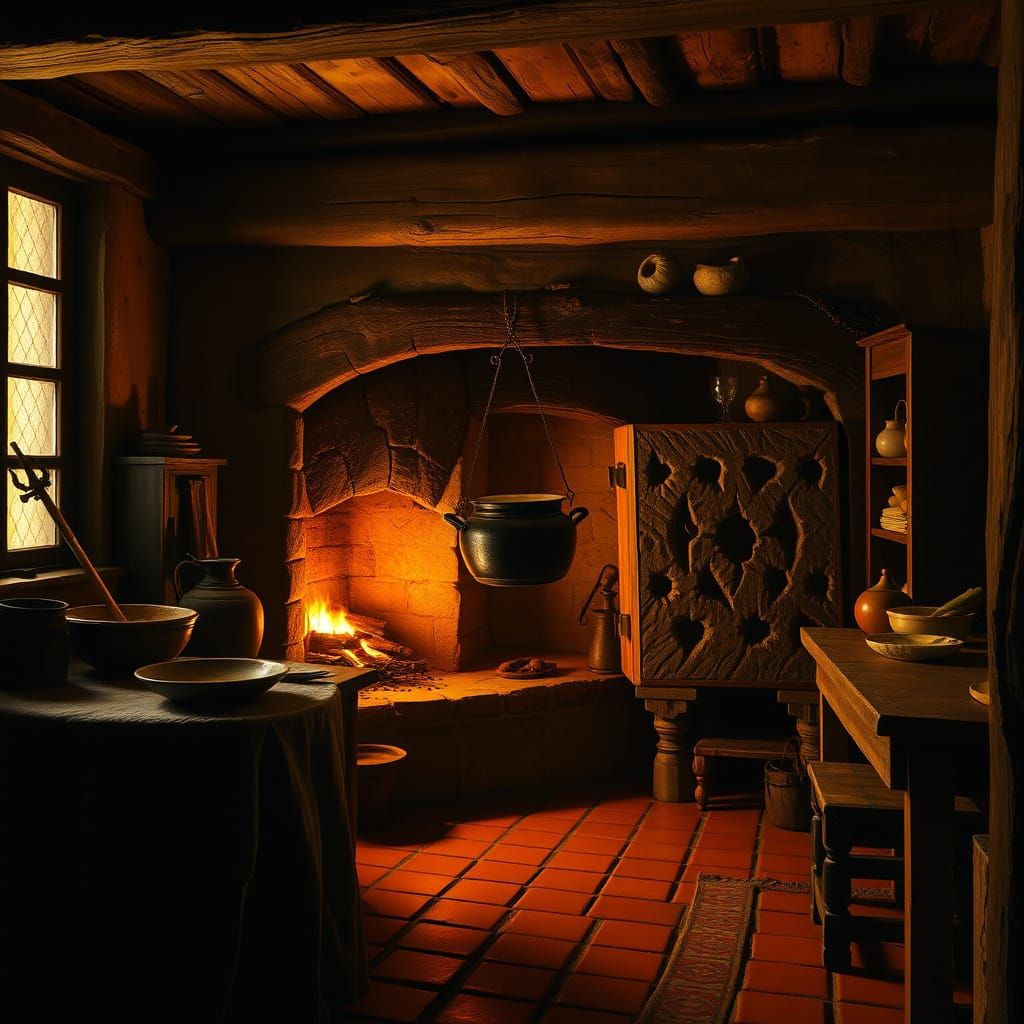 Renaissance Kitchen with Cauldron in Rembrandt Style