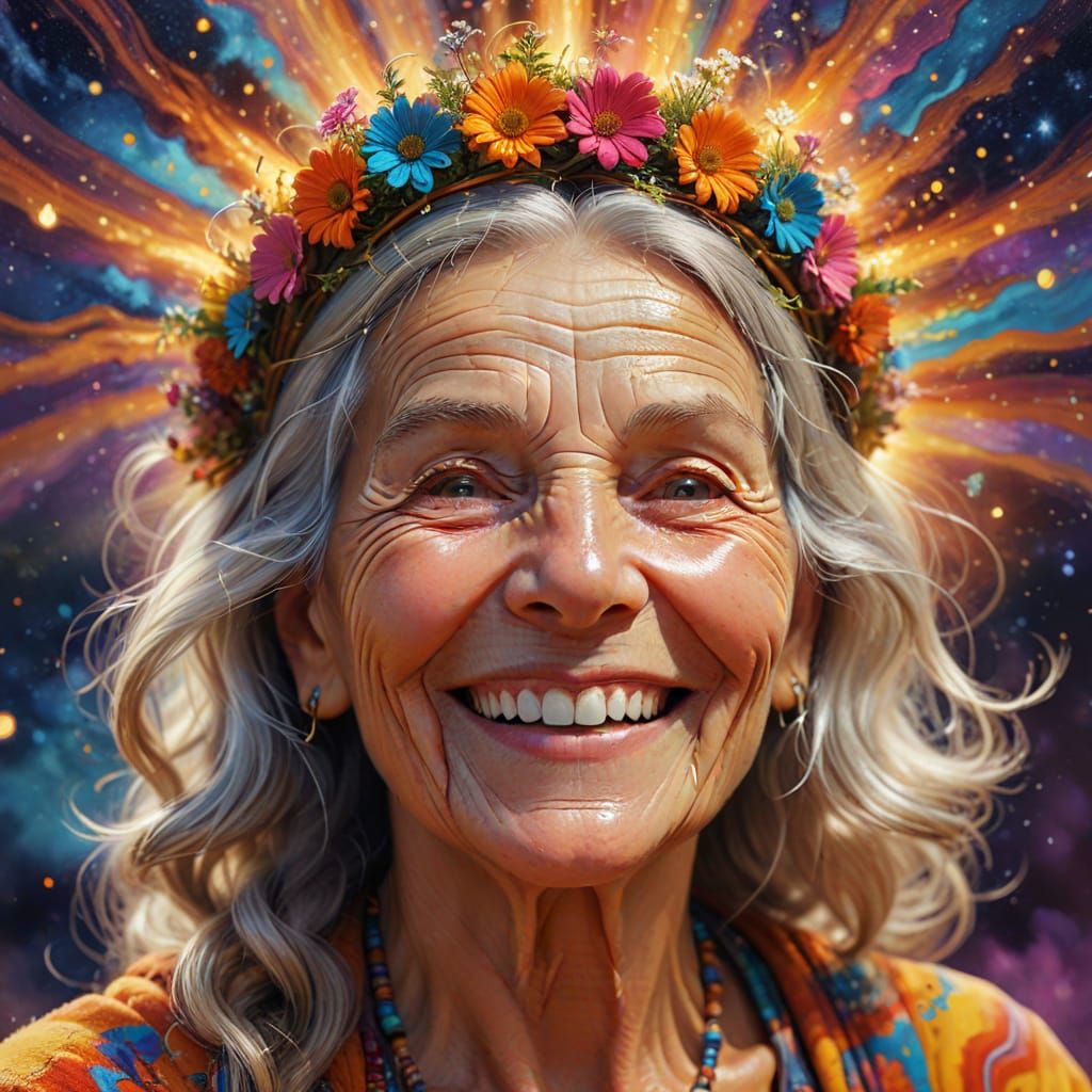 Nostalgic Hippie Woman Reminisces in Psychedelic Oil Paintin...