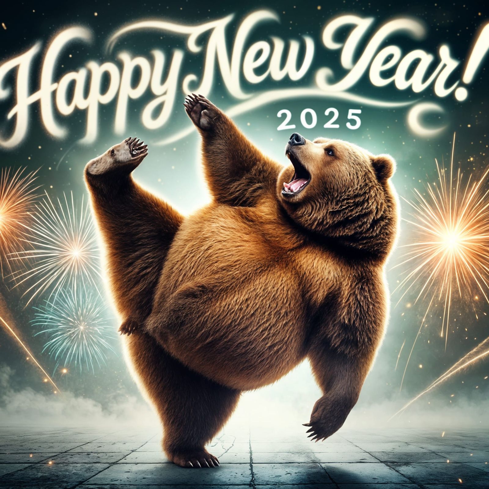 Exaggerated Grizzly Bear in Boisterous New Year Celebration