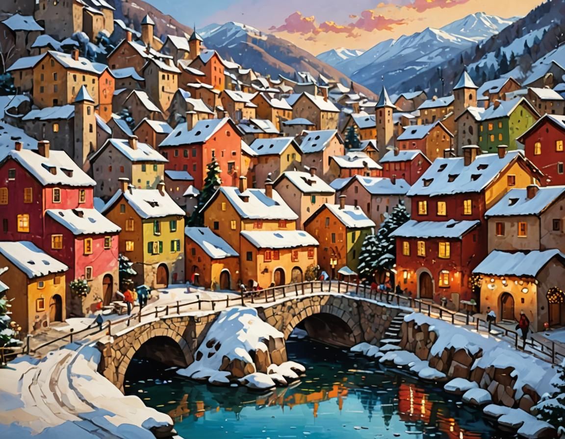 Expressionist Christmas in Italian Mountain Village