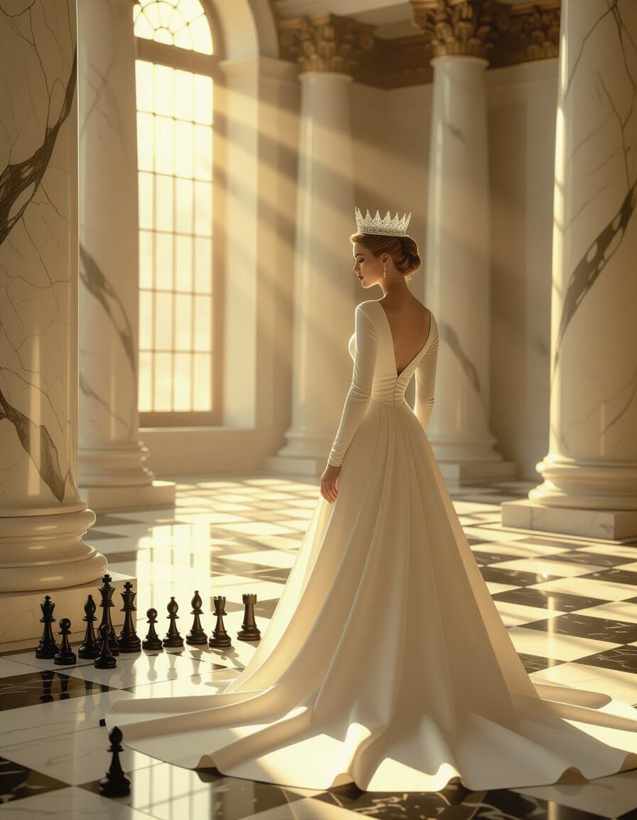 Vulnerable Queen in Marble Chamber, Painterly Style