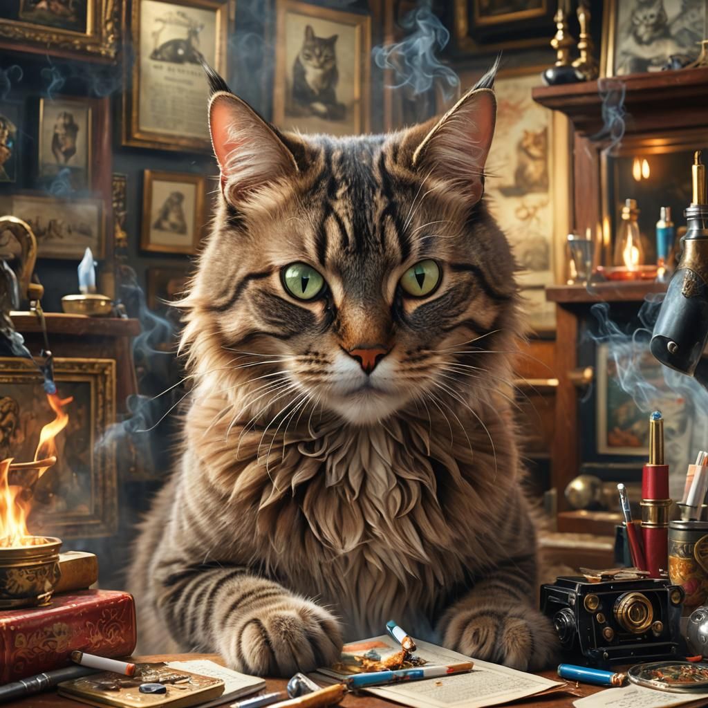 Cat Smoking and Reading: Photorealistic Digital Art