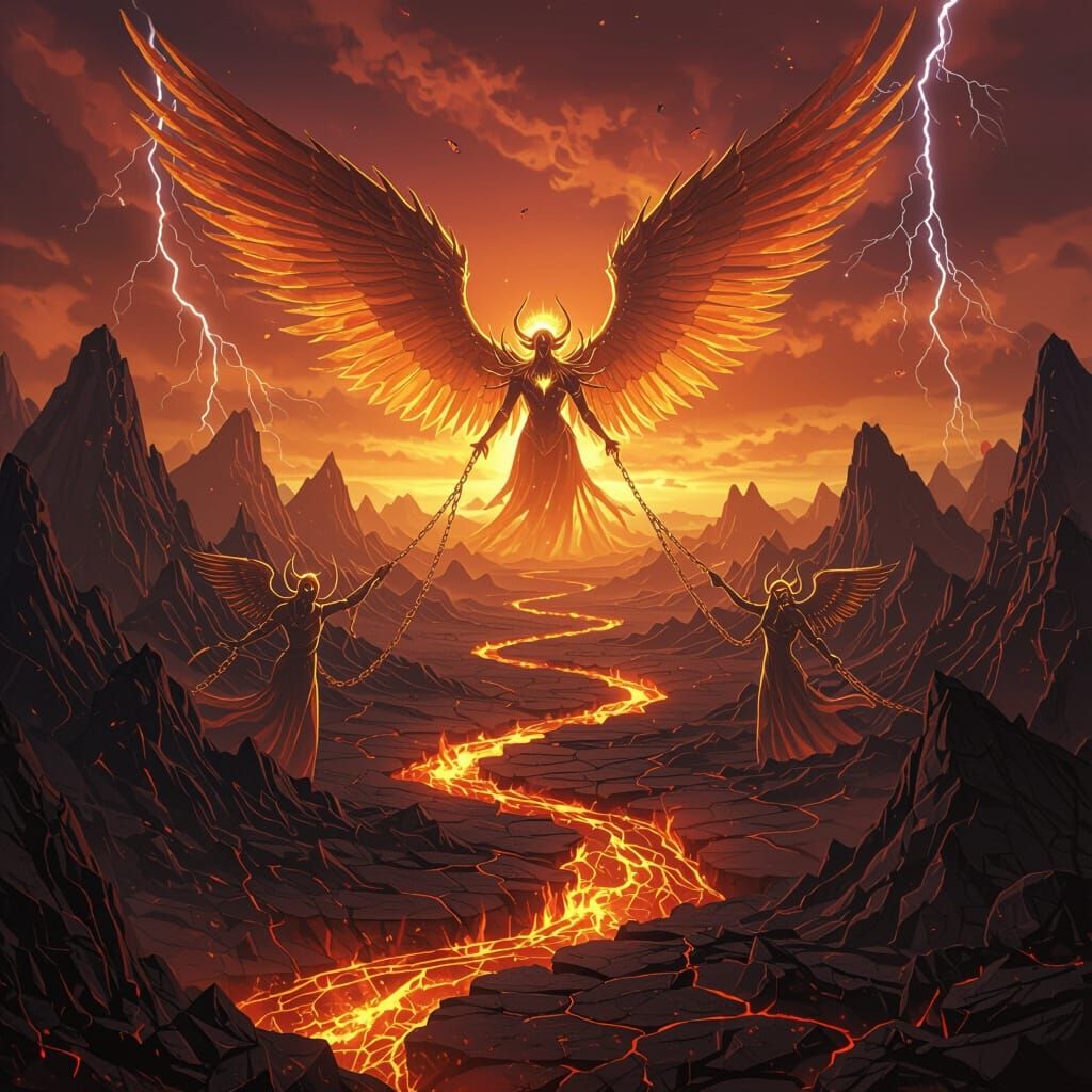 Infernal Anime Realm: Blazing Rivers and Angelic Beings