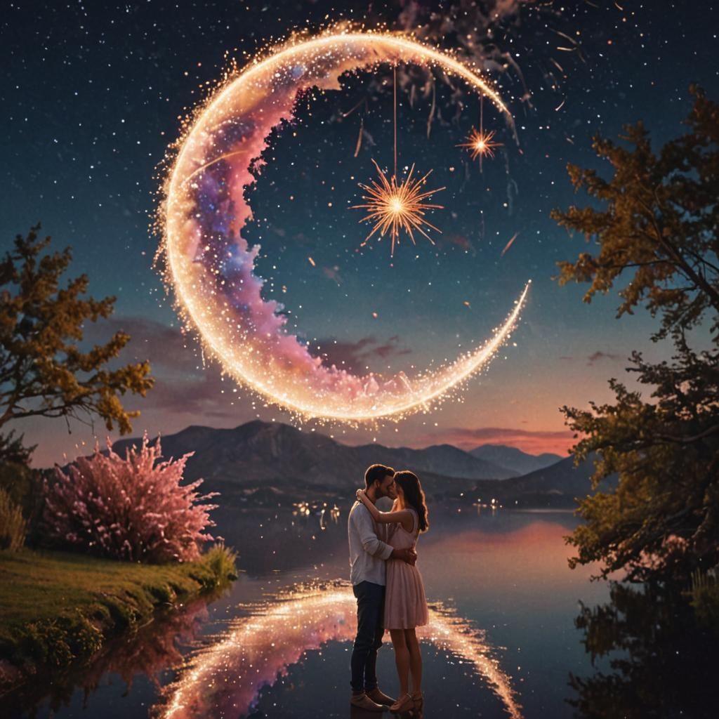 Romantic Couple Embracing Under a Crescent Moon
