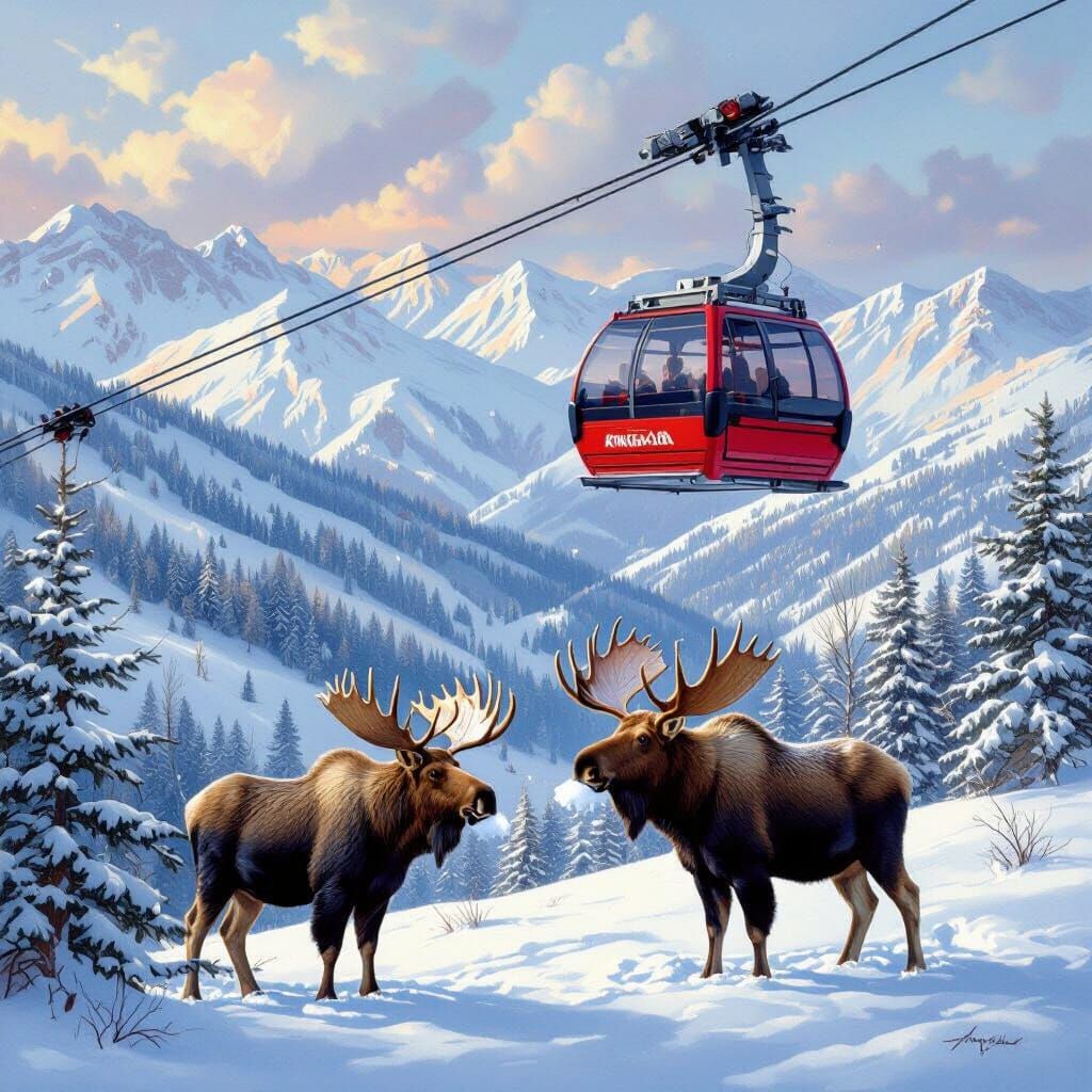 Moose Eating Snow Under Vail Gondola, Cozy Winter Scene