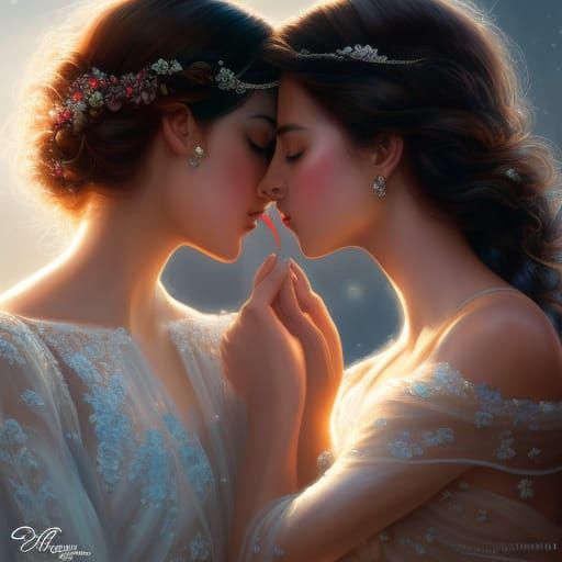 Two Girls Kissing with Engagement Ring