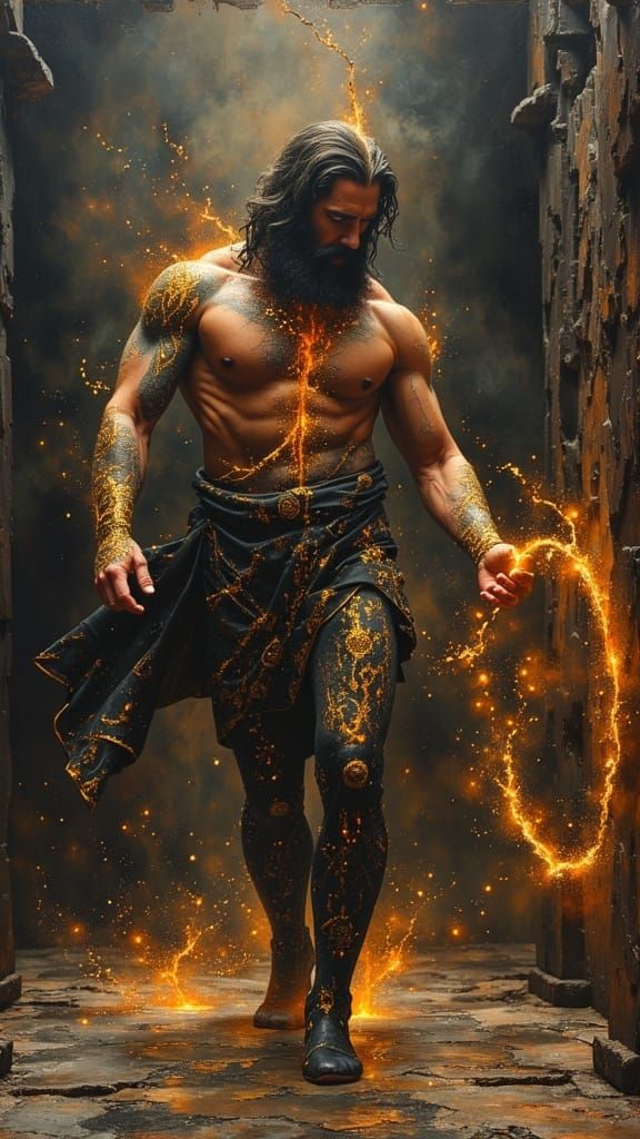 Muscular Greek God Exudes Power in Dark Oil Painting