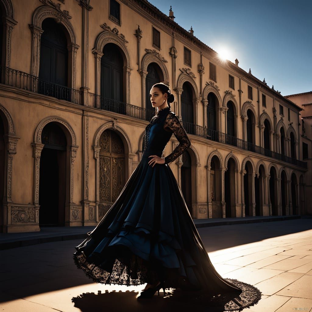 Vibrant Spanish Plaza Scene in the Style of Dalí and Miró