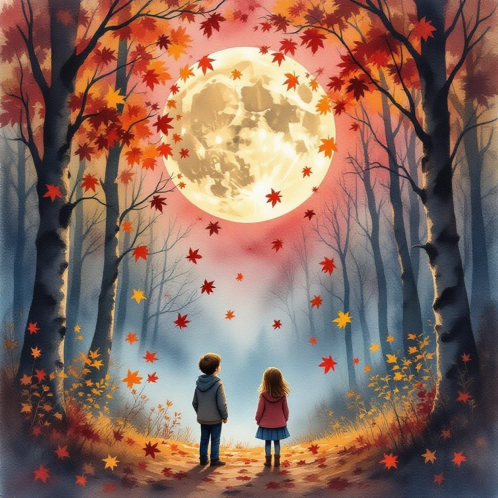 Children in Enchanted Forest Under Crimson Moon