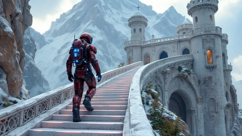 Cyberpunk Astronaut Ascends Penrose Stairs