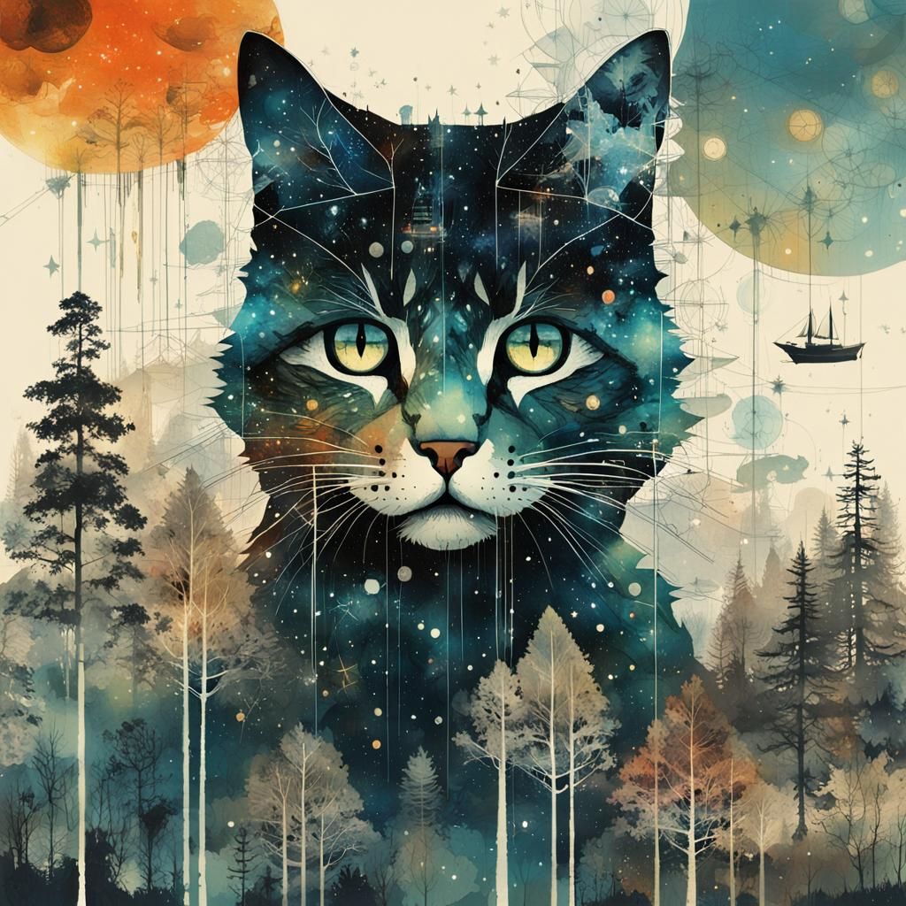 Galaxy Cat Double Exposure in Maximalist Style