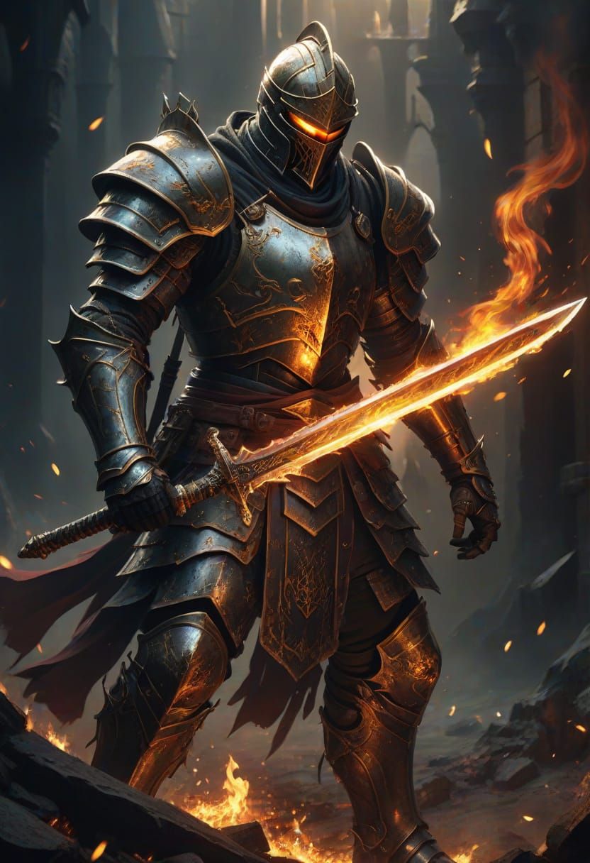 Fire Knight Concept Art in Metallic Armor