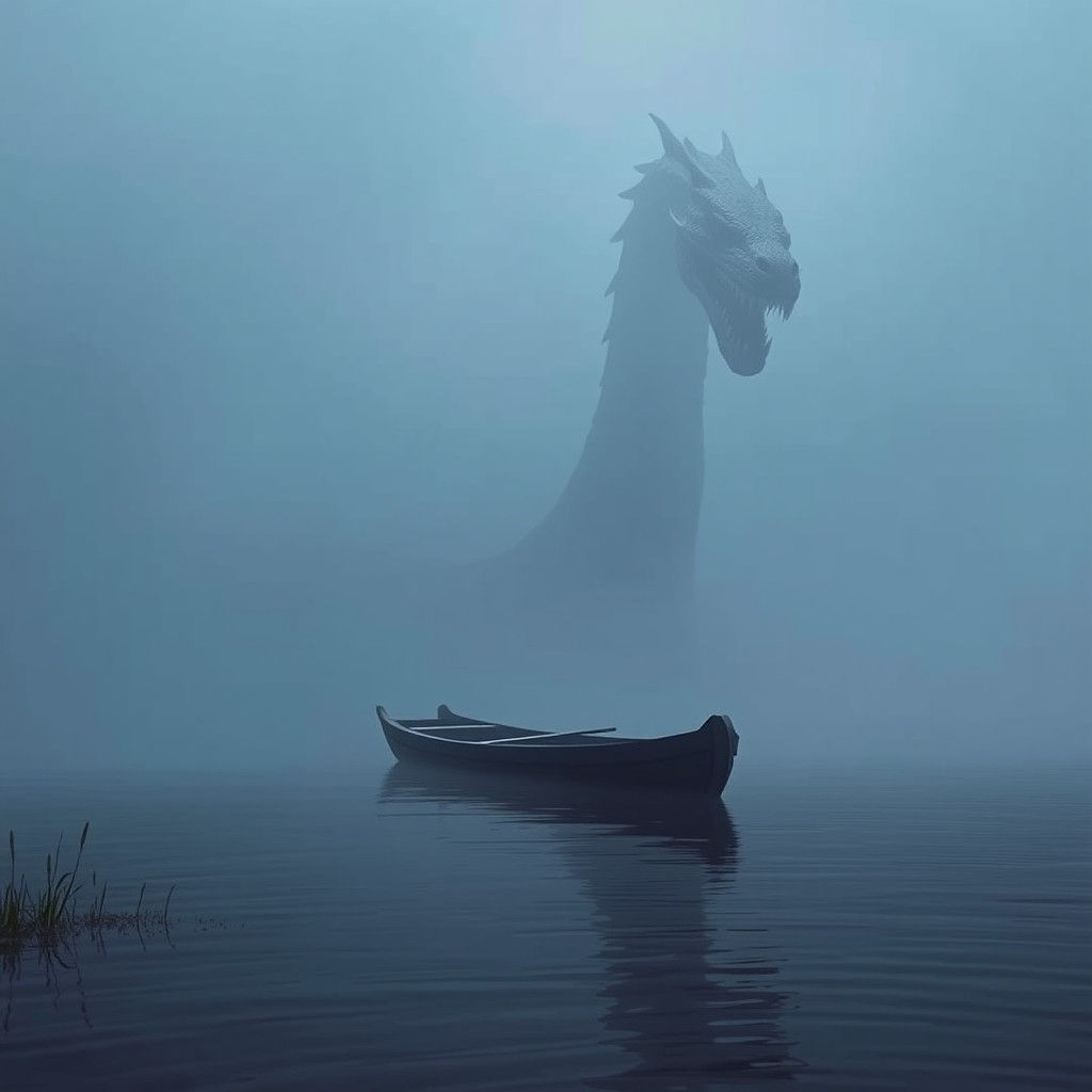 Sea Serpent Looms Over Rowboat in Misty Lake