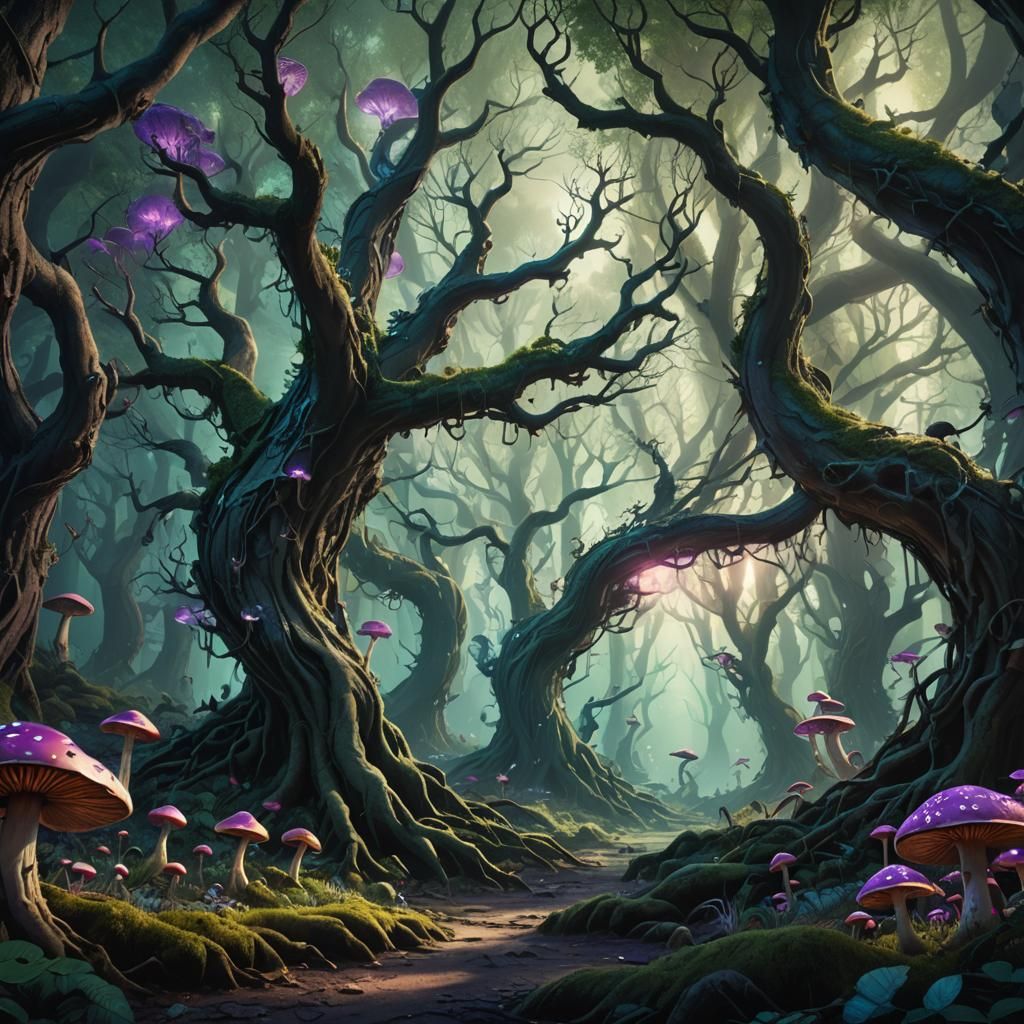 Creepy Forest with Glowing Mushrooms in Fantasy Style