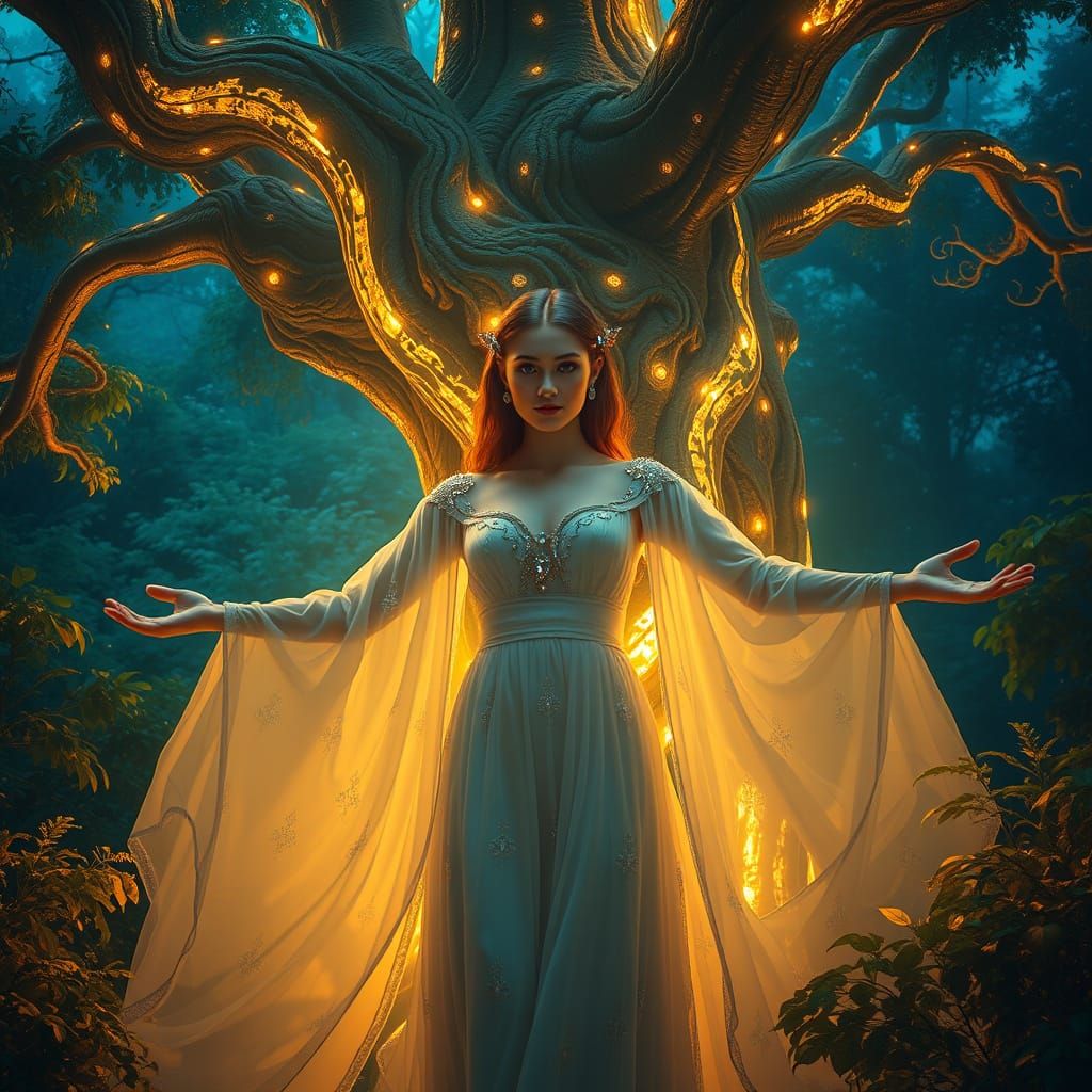 Serene Goddess in Lush Forest Landscape