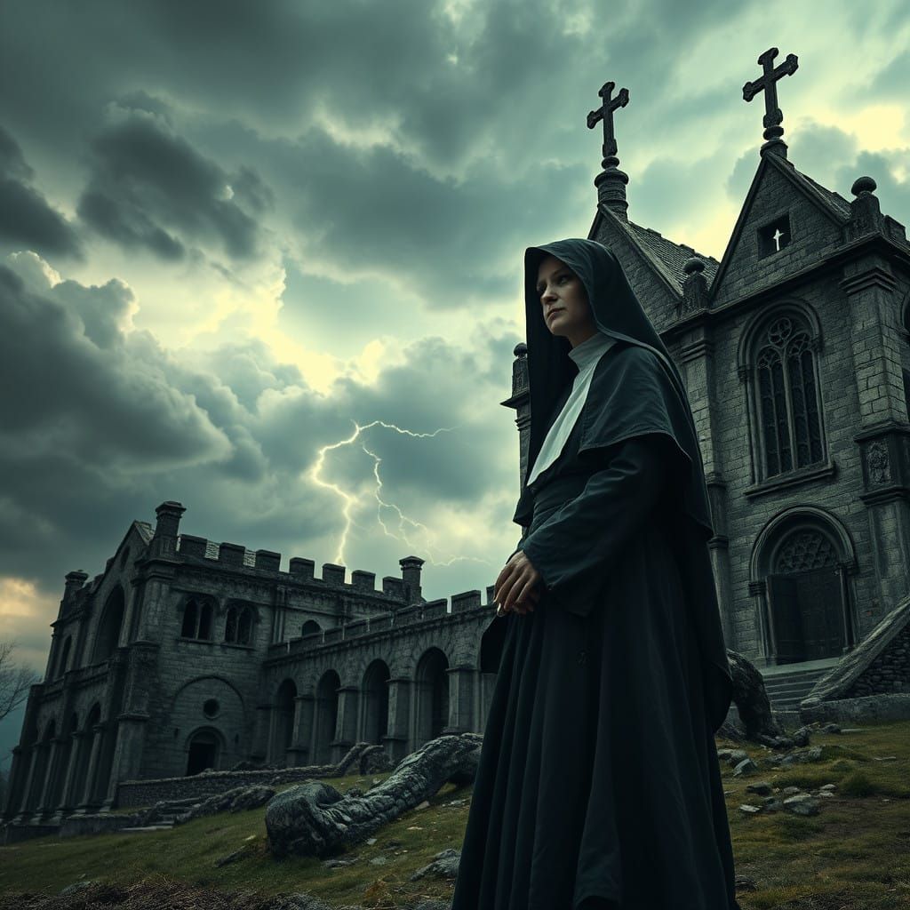 Ethereal Nun Emerges from Gothic Monastery at Dawn