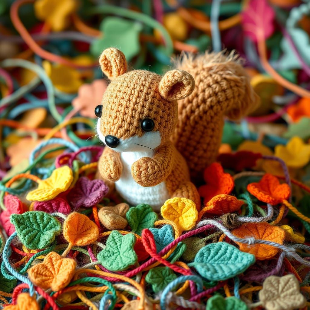 Whimsical Crochet Squirrel Amidst Vibrant Leaves