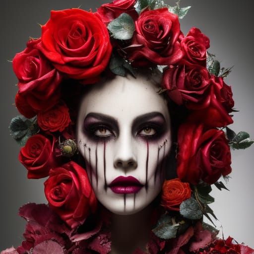 Bloody Skull Queen with Rose Crown, Digital Art