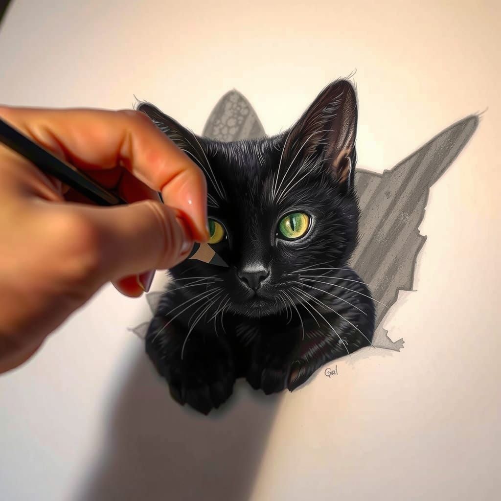Black Cat Emerging From Paper Drawn With Pencil