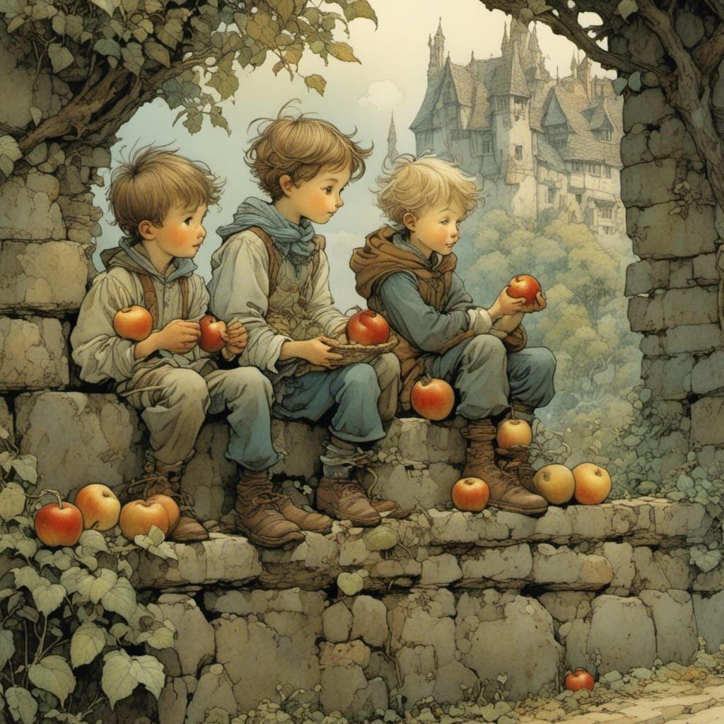 Boys on Stone Wall, Storybook Illustration