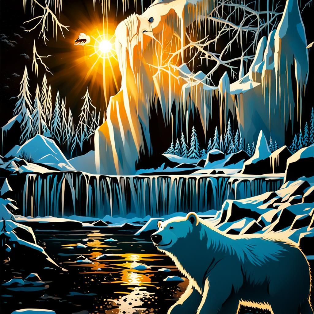 Eskimo Fishing with Cute Polar Bear on Frozen Lake