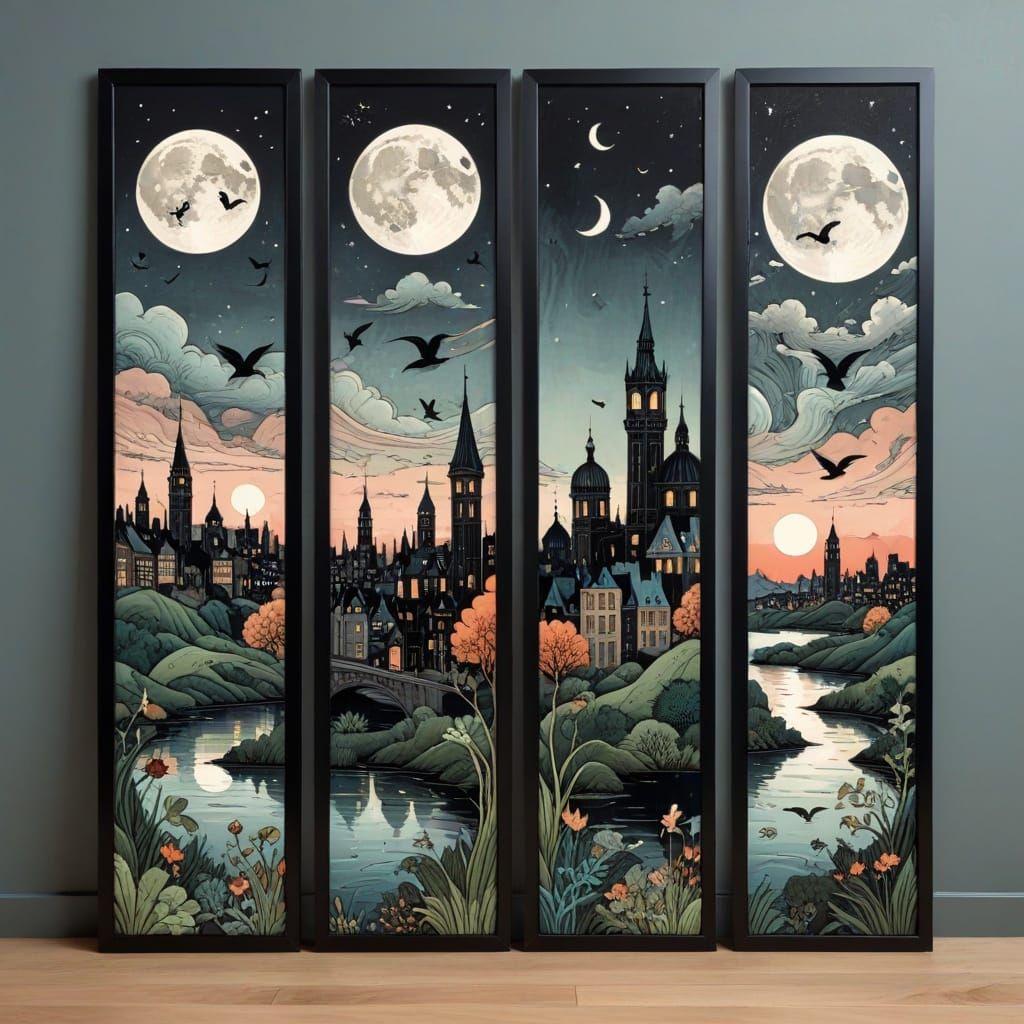 Fantasy Cityscape Triptych in William Morris Style