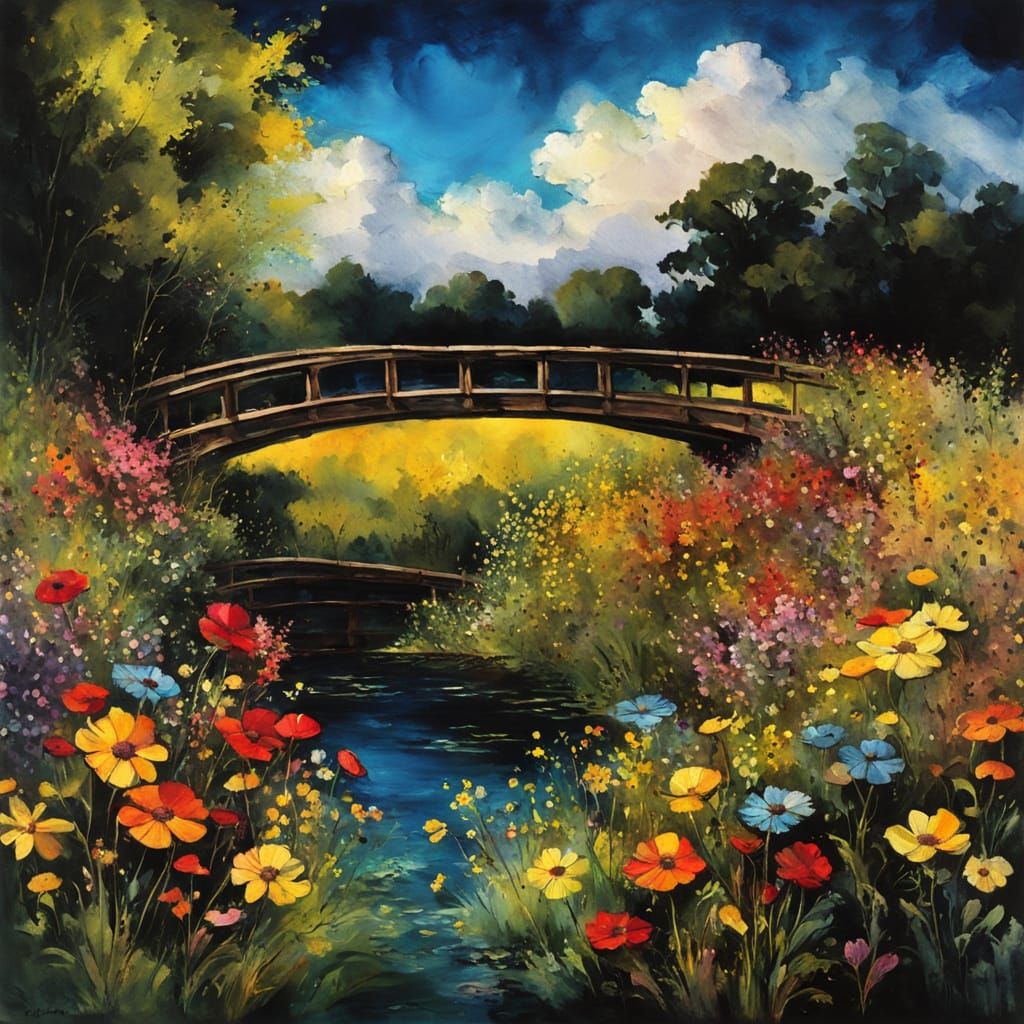 Radiant Bridge with Wildflowers in Chiaroscuro Style