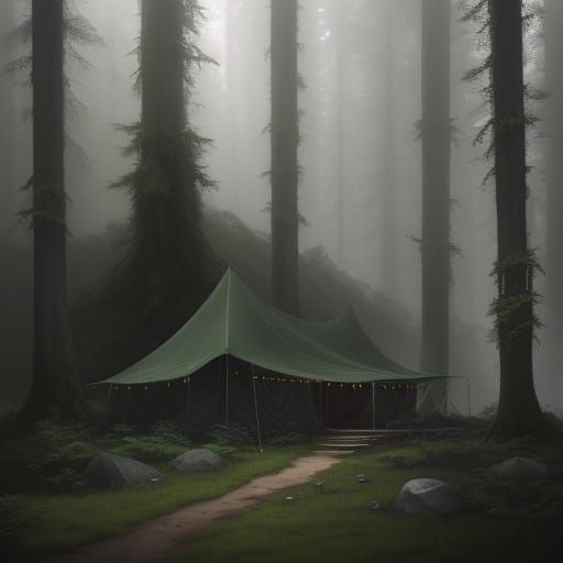 Cozy Campsite in Misty Forest, Painterly Concept Art