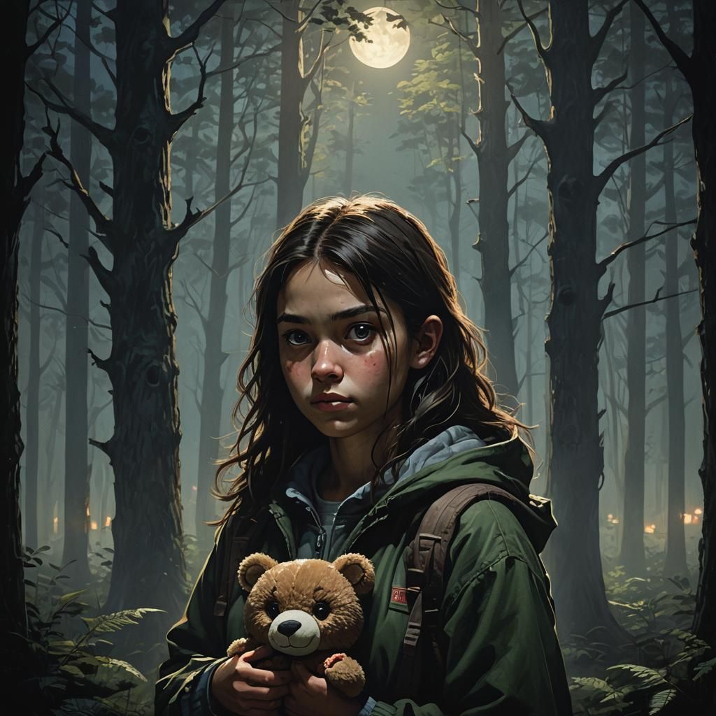 Frightened Girl in Forest: Concept Art Portrait
