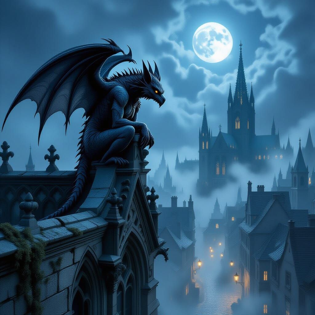 Gargoyle Over Moonlit City in Gothic Fantasy Art