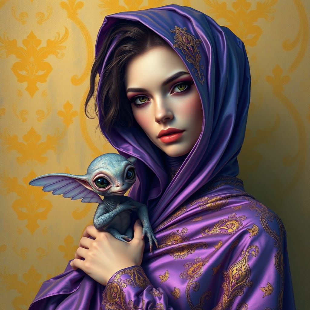 Regal Alien Goddess with Glowing Wings and Majestic Creature