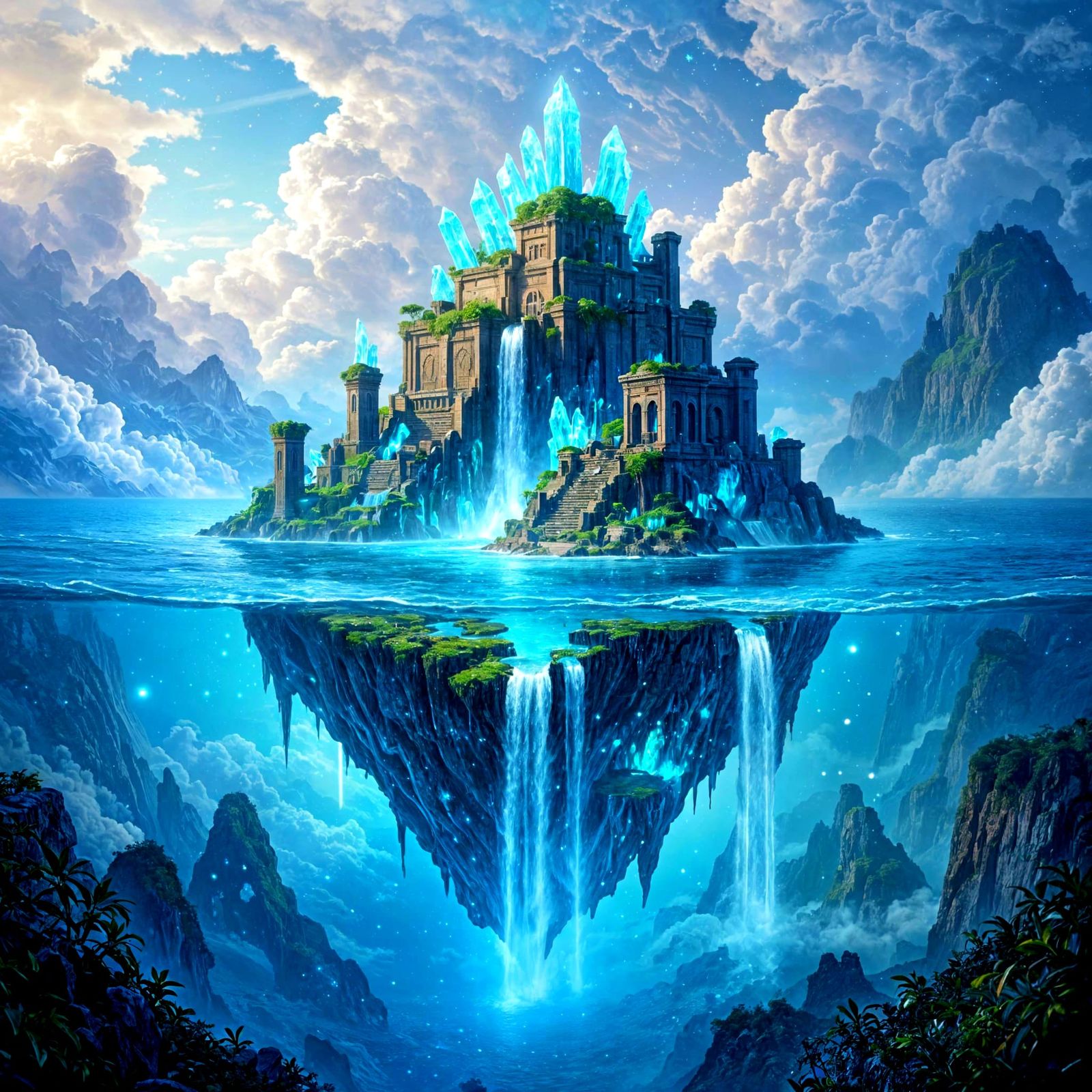 Mystical Island Paradise in Cosmic Ocean Splash Art