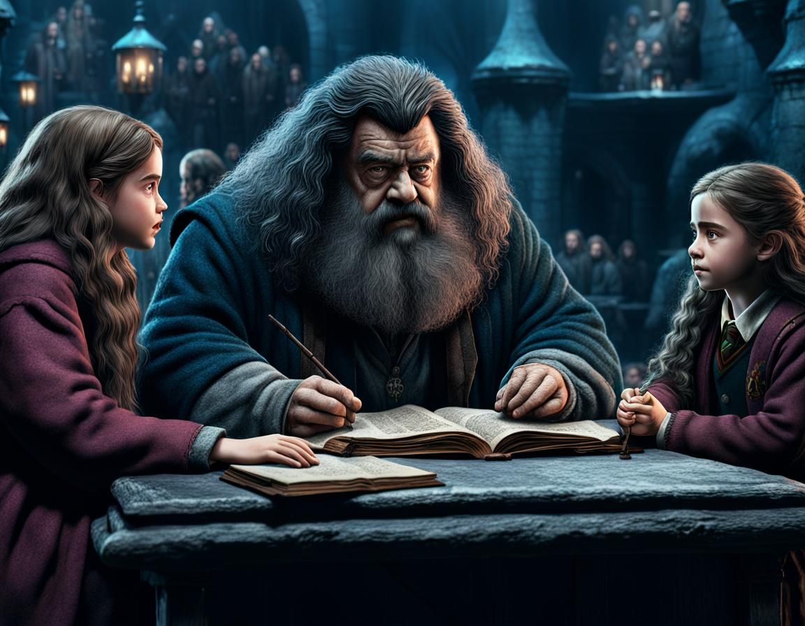 hyper realistic, perfect, Hagrid talking to Harry Potter and Hermione Granger