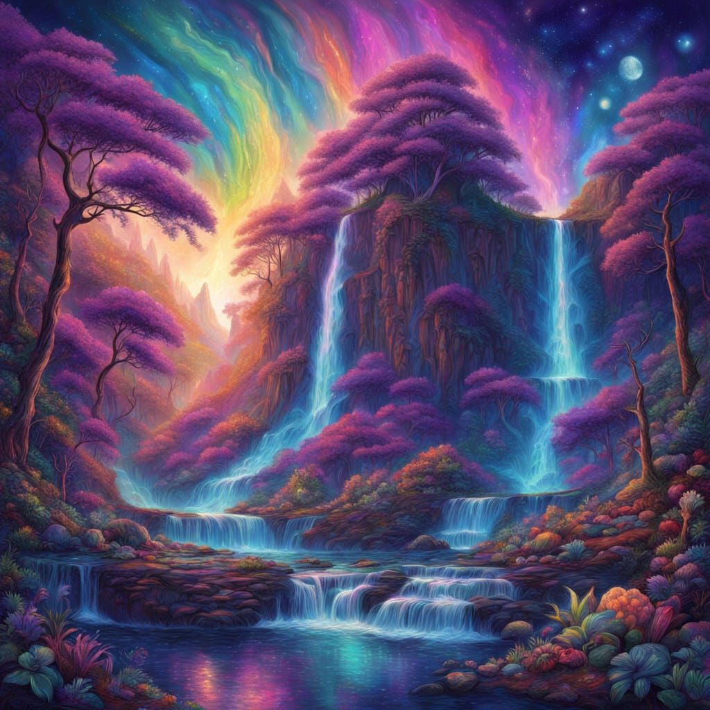 Majestic Astral Waterfall in Vibrant, Ethereal Style