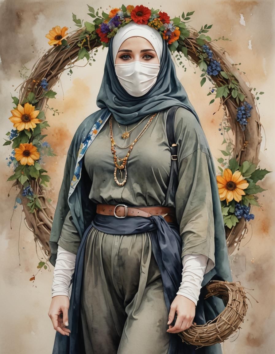 Beautiful Neolithic Woman Portrait in Watercolor Style