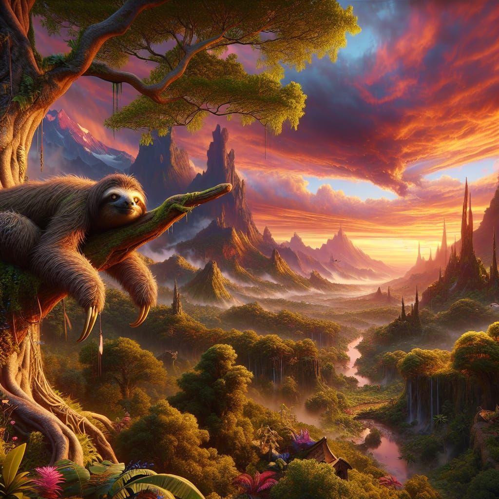 Sloth Named Bob Sleeping Under Sunset, Detailed Matte Painti...