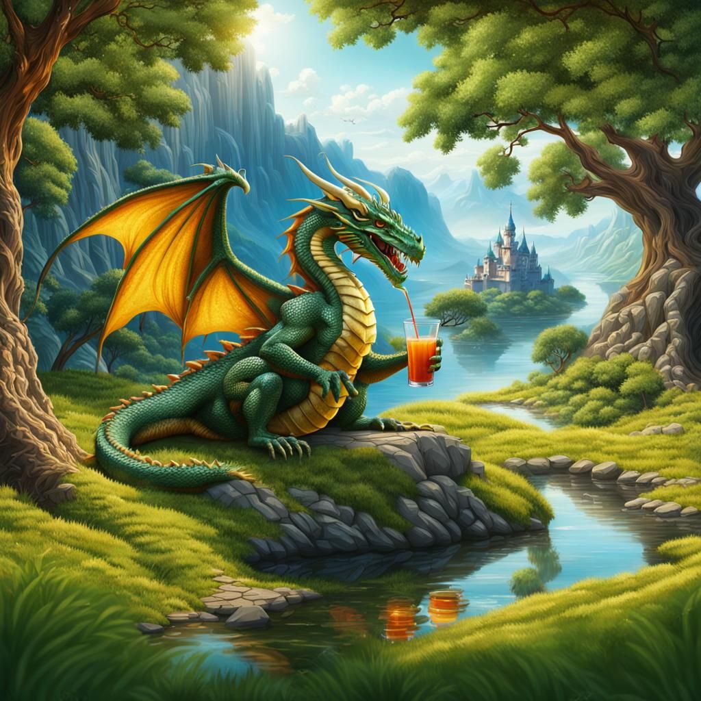 Dragon Sipping Juice in Fantasy Landscape