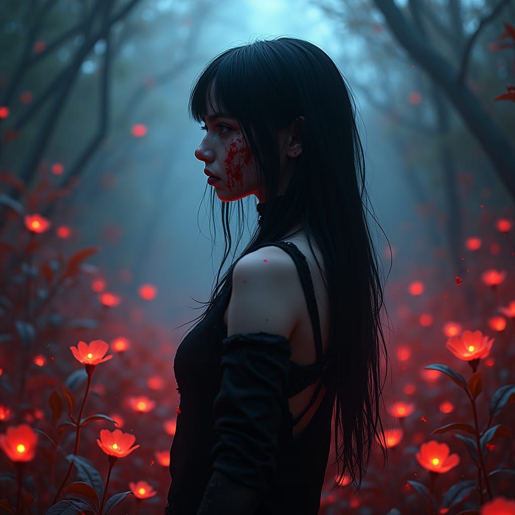 Dark Fantasy Woman in Crimson-Stained Attire Amidst Eerie La...
