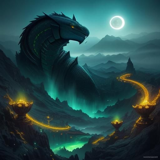 Surreal Cobra-Mamba Hybrid in Misty Mountains