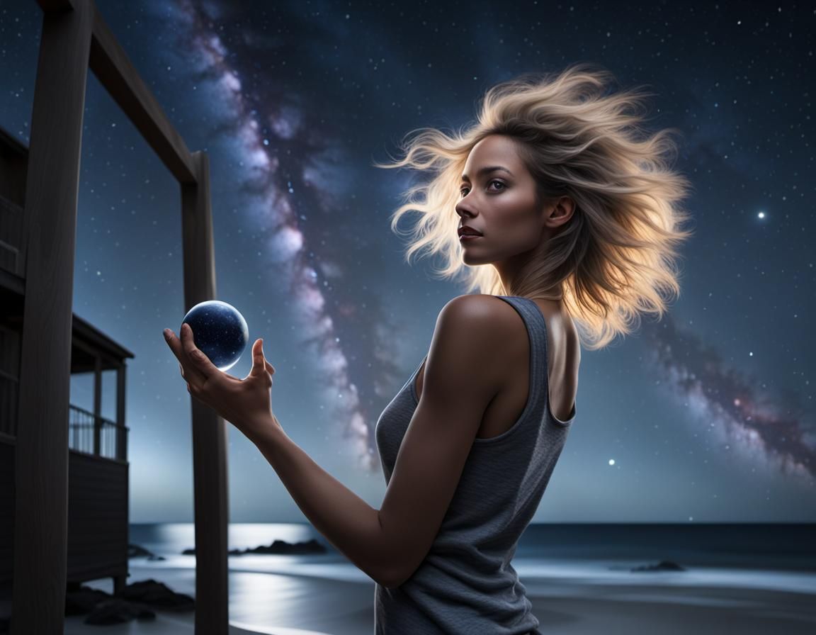 Photorealistic Starry Sky Shines on Dark Sandy Beach