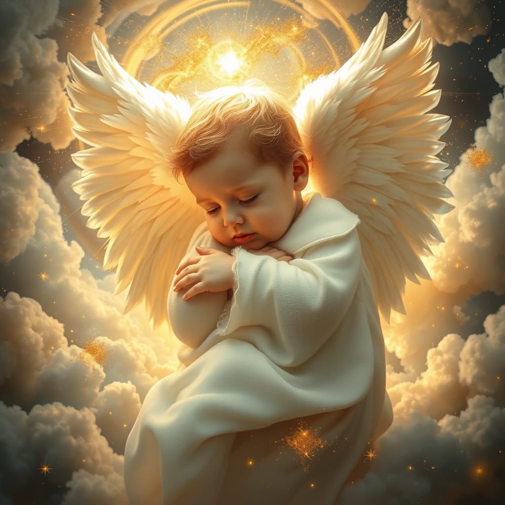 Angel's Embrace: A Celestial Guardian Hugs a Baby