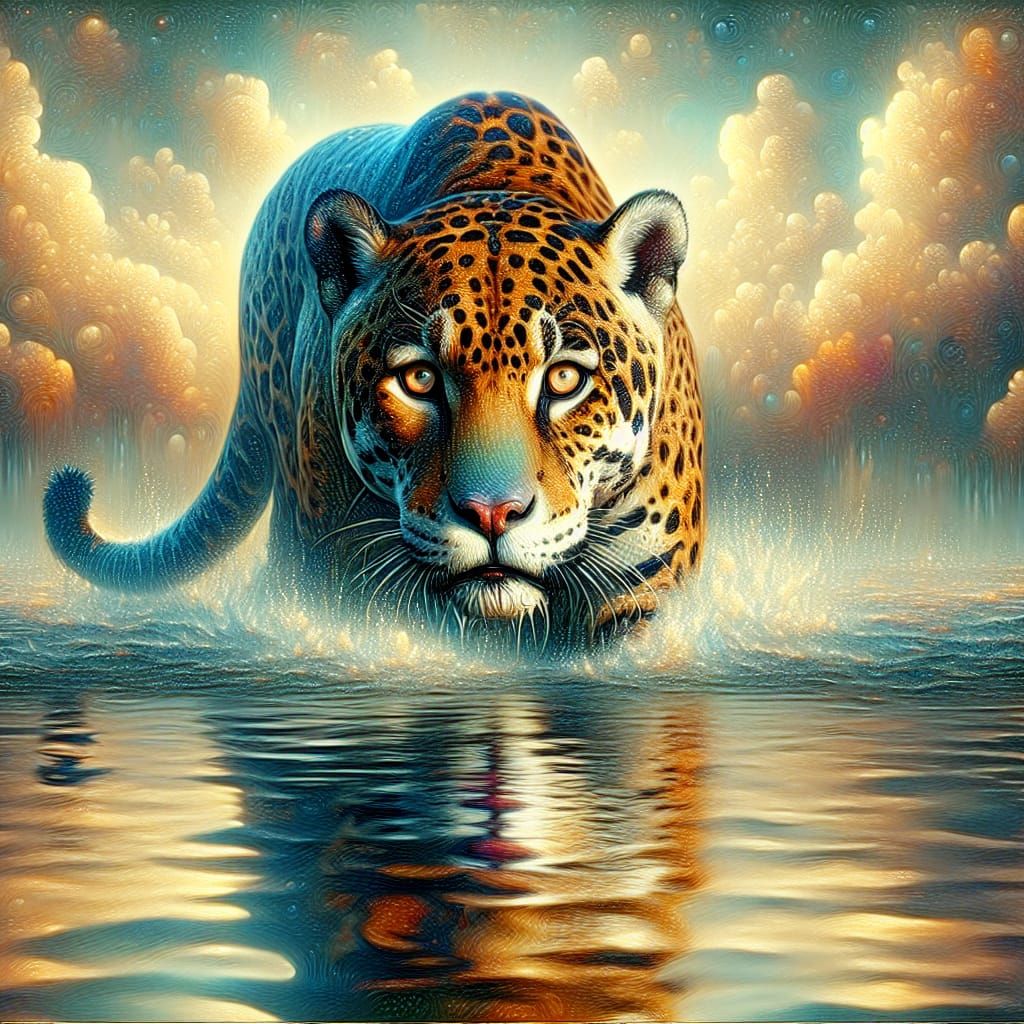 Jaguar Wading Through River: Fantasy Oil Painting