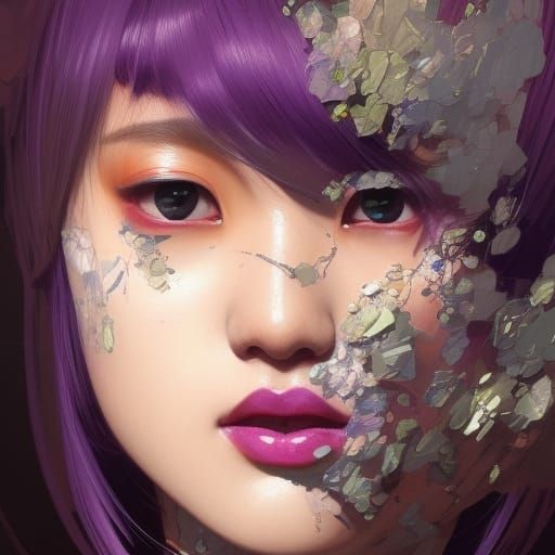 Japanese Woman Portrait with Purple Lipstick in Hyperdetaile...