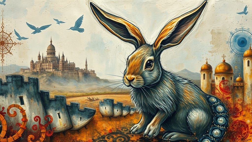 Whimsical Rabbit in Impasto Style with Cityscape