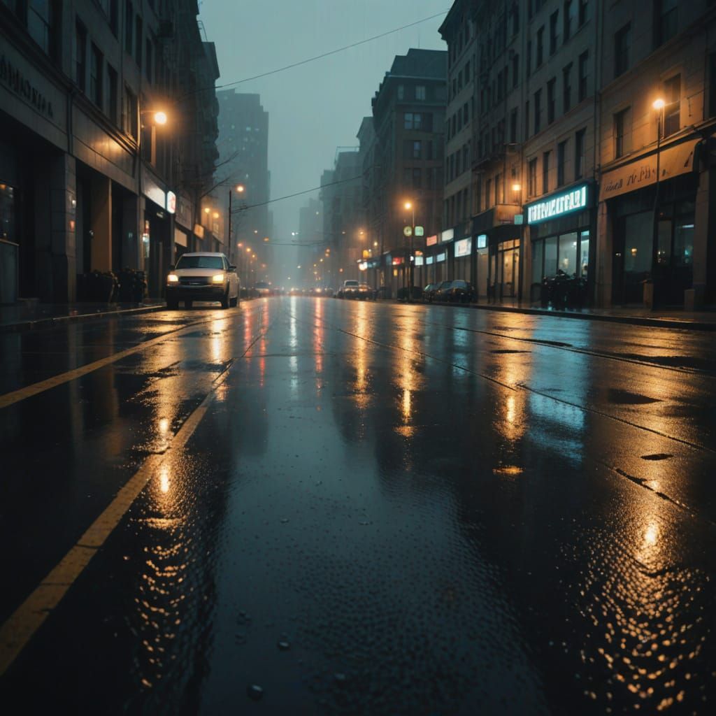 Rainy City Night with Foggy Lights & Neon Reflections