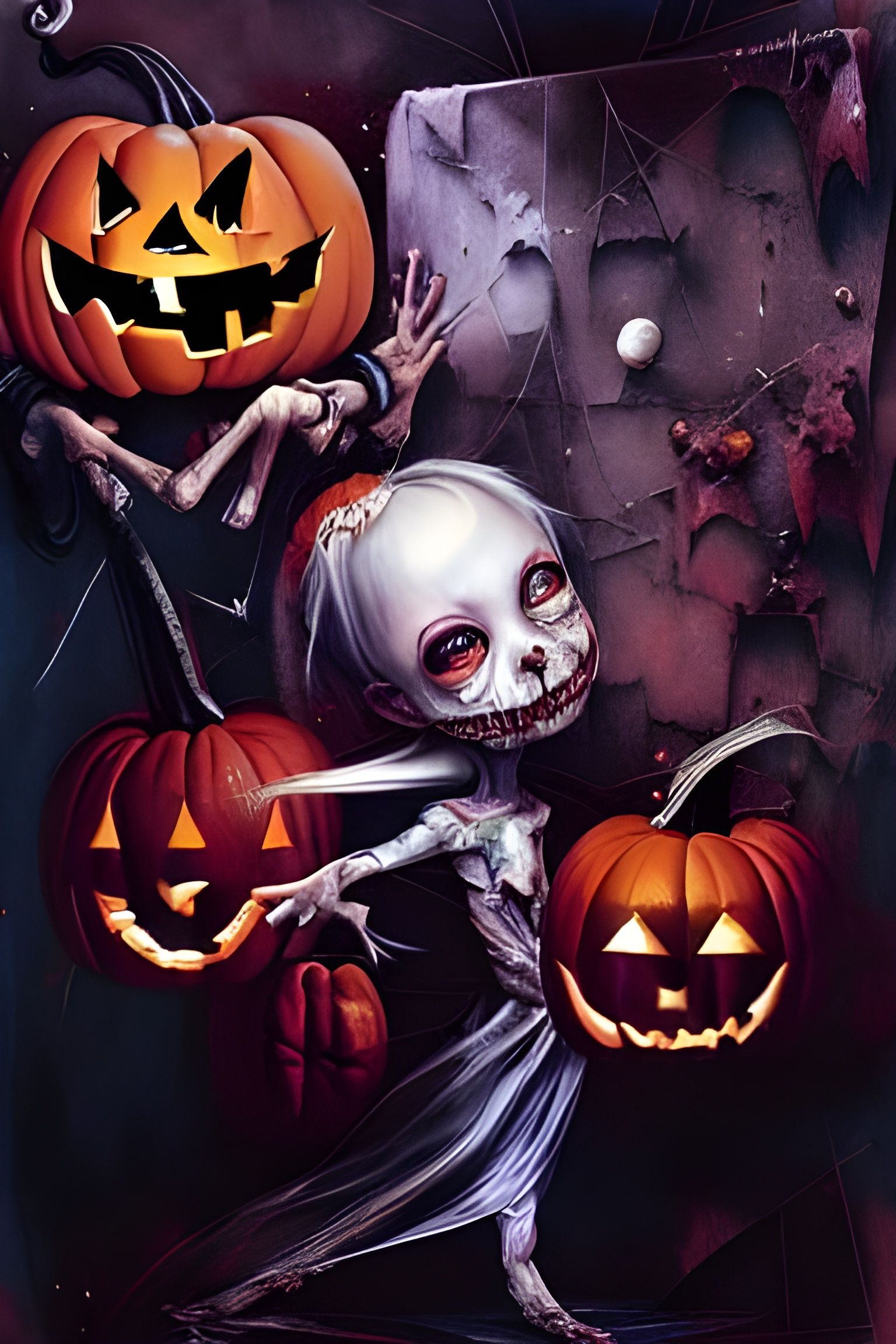 Grotesque Jack-o'-Lantern World in Mixed Media Painting