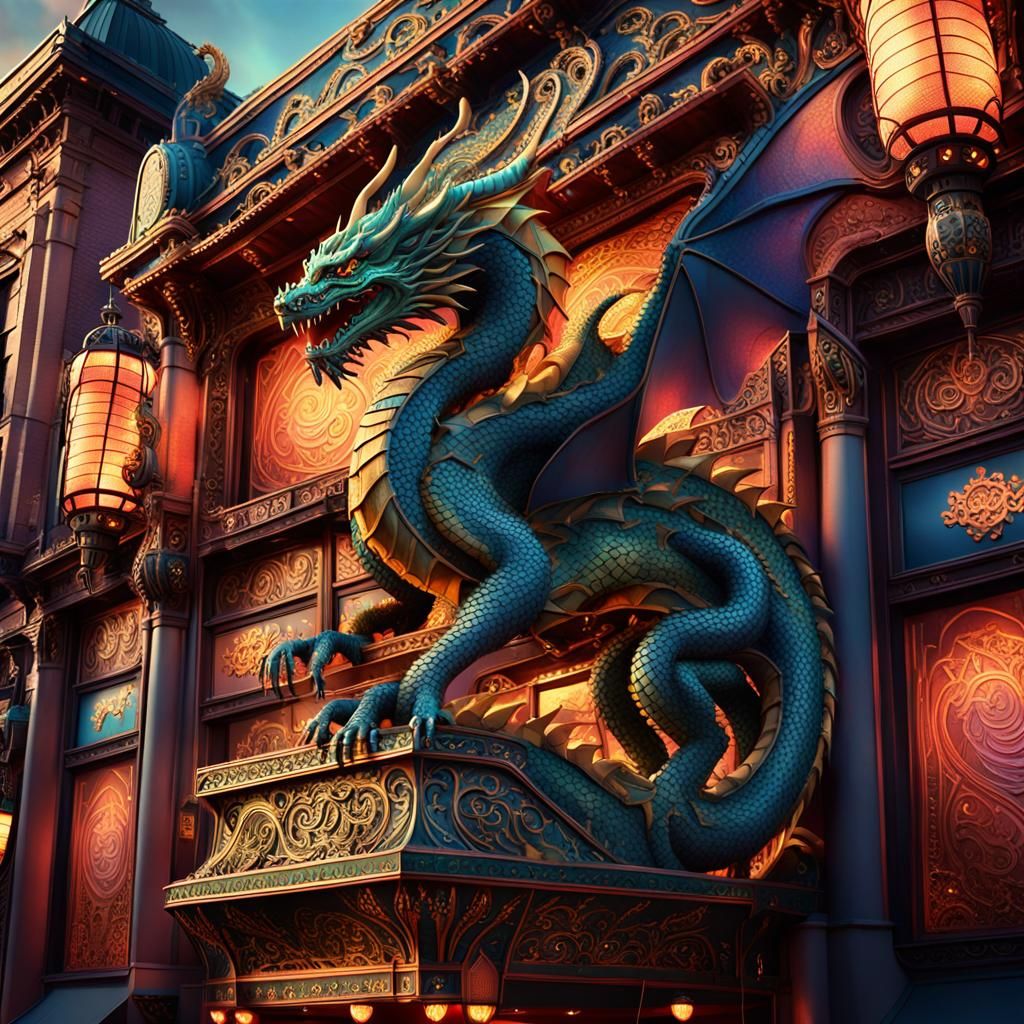 Dragon Perched Atop Ornate Bijou Theatre Facade