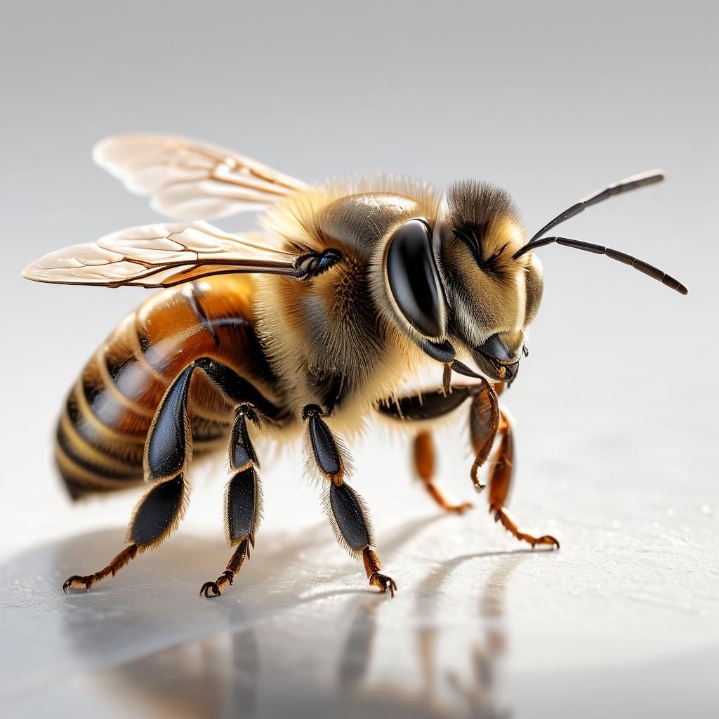 Macro Photo of a Honey Bee on White Background